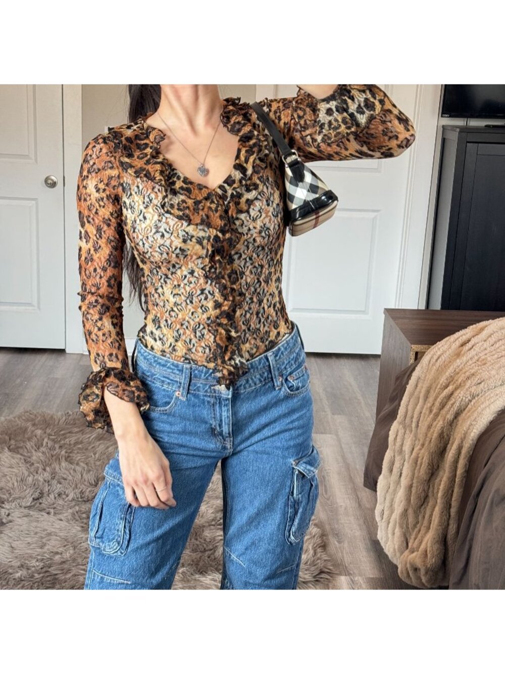 Y2K Leopard Lace Ruffle Top Sheer Cheetah Blouse Bell Cuffs Festival Mob Wife XS